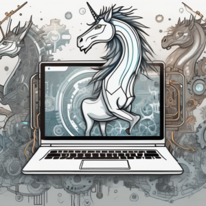 A chromebook surrounded by both mythical symbols like unicorns and dragons