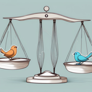 A digital scale balancing a symbolic twitter bird on one side and a tangled thread on the other