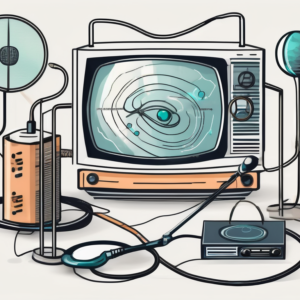 A modern tv antenna with signal waves emanating from it