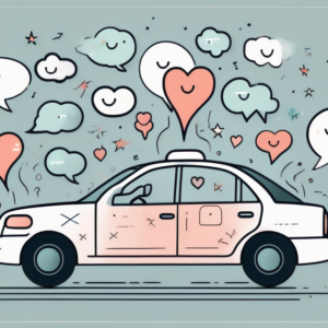 An uber car with visible thought bubbles containing various abstract symbols (like stars