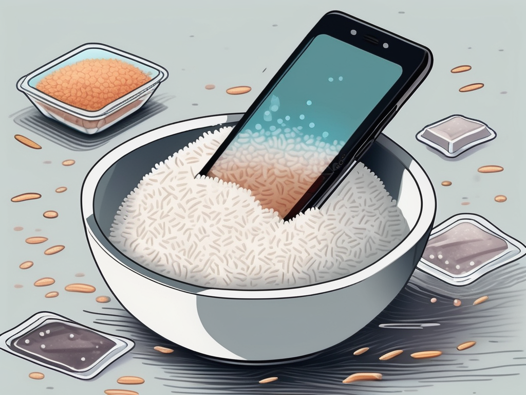 A smartphone partially submerged in a bowl of rice