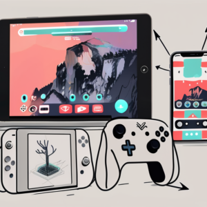 A nintendo switch joy-con controller next to an ipad and an iphone