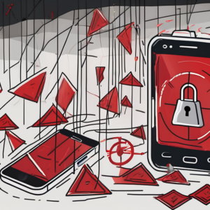 A smartphone surrounded by five symbolic red flags