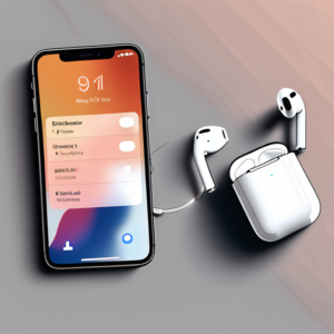 A single airpod placed next to an iphone displaying a settings menu