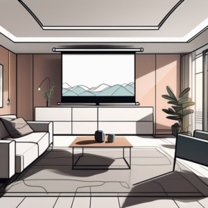 A modern living room with a sleek flat-screen tv on one side and a projector casting an image on a pull-down screen on the other