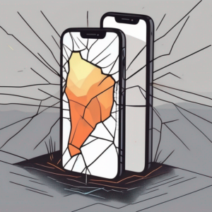 An iphone with visible cracks that are being repaired by a glowing patch