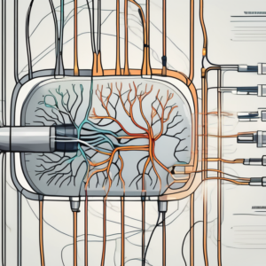 A technological device interfacing with a stylized representation of the accessory nerve in a human nervous system diagram