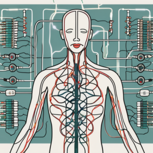 A vagus nerve stimulator device connected to a stylized representation of the human nervous system