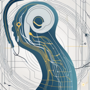 A cochlear implant device intertwined with a stylized representation of a nerve