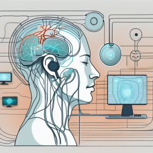 Various technological devices like a smartwatch and a neural headset interconnected with a stylized representation of the parasympathetic nervous system